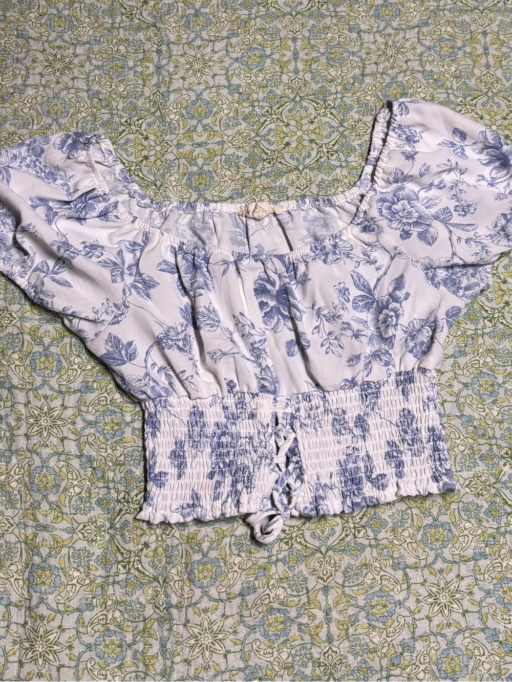 Blue Floral Smocked Peasant Crop Top - Women's
